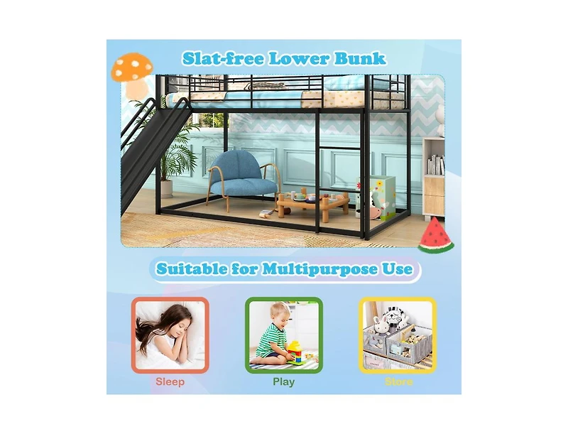 Slickblue Kids House Style Metal Low Bunk Bed, Twin Over Twin