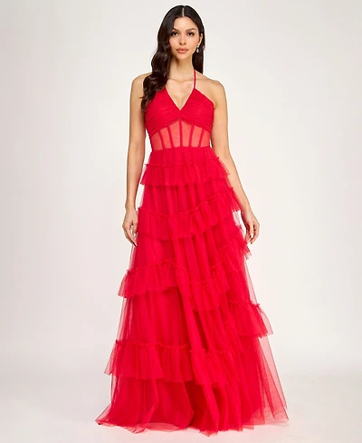 City Studios Juniors' Corset Halter Ruffle Tier Skirt Gown