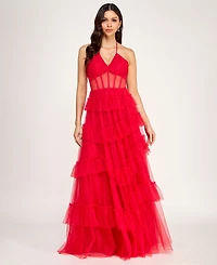City Studios Juniors' Corset Halter Ruffle Tier Skirt Gown