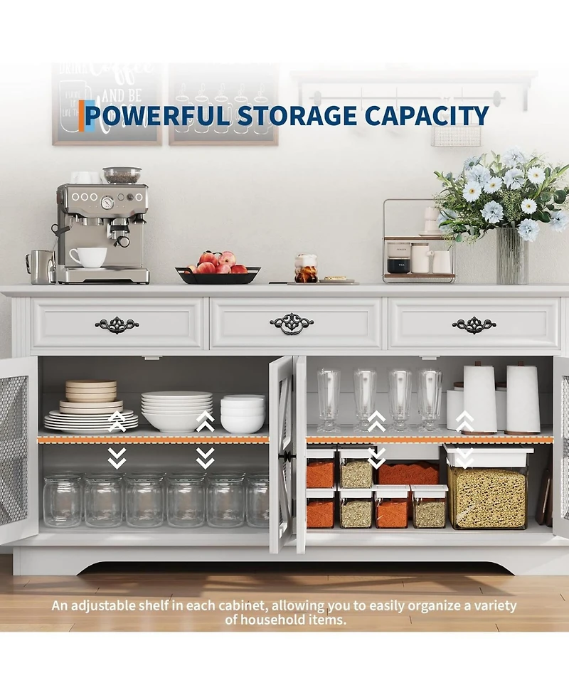 Gaomon white 63" kitchen buffet cabinet with glass display, 3 drawers, charging station, and mesh barn doors.