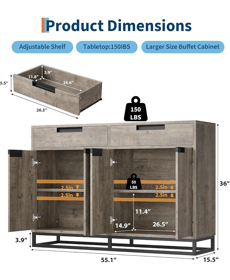 Gaomon Storage Cabinet Buffet Cabinet with Adjustable Shelves, 55" Sideboard Buffet Cabinet with Sturdy Design 2 Drawers and 4 Doors & Wood Finis