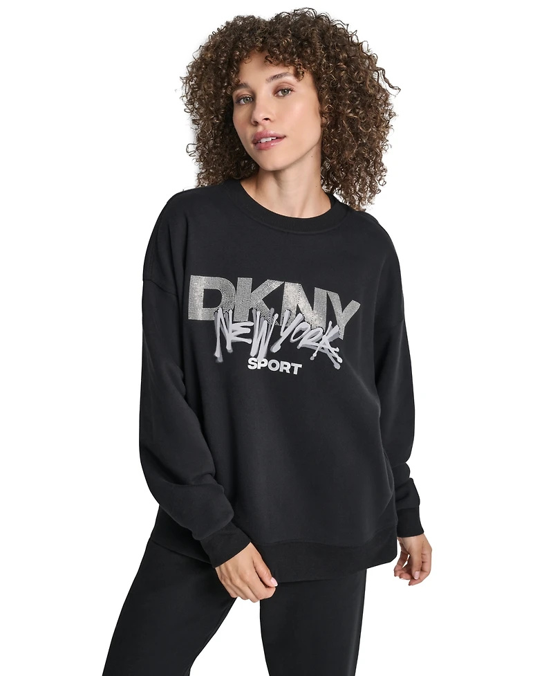 Dkny Women's Graffiti Rhinestone Logo Blouson-Sleeve Drop-Shoulder Sweatshirt
