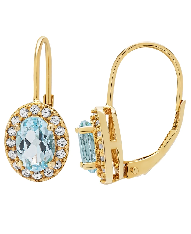 Macy's Lab-Grown Aquamarine (1.40 ct. t.w.) & Lab-Grown White Sapphire (0.16 ct. t.w.) Halo Oval Earrings in 14k Gold Over Sterling Silver