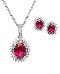 Macy's 2-Piece Lab-Grown Ruby (2.70 ct. t.w.) & White Sapphire (0.61 ct. t.w.) Halo Oval Necklace and Earrings Set in Sterling Silver