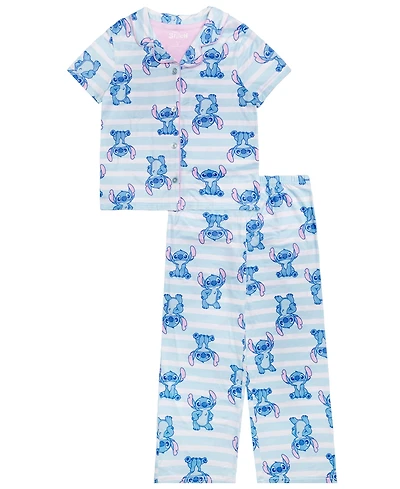 Lilo Stitch Girls' 4-10 Notch Collar Top and Wide Leg Pants, 2-Piece Pajama Set