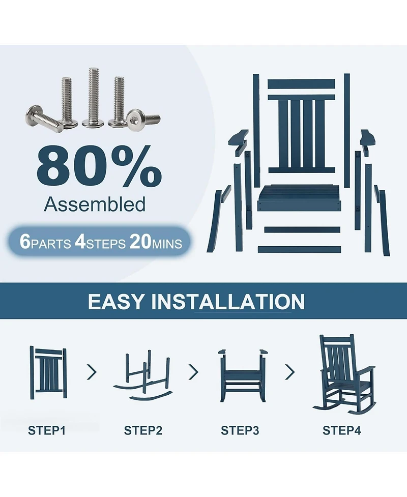 Gaomon All-Weather Outdoor Rocker - High Back Wide Seat 350LBS, 304 Stainless Steel Hardware, 80% Pre-Assembled Porch