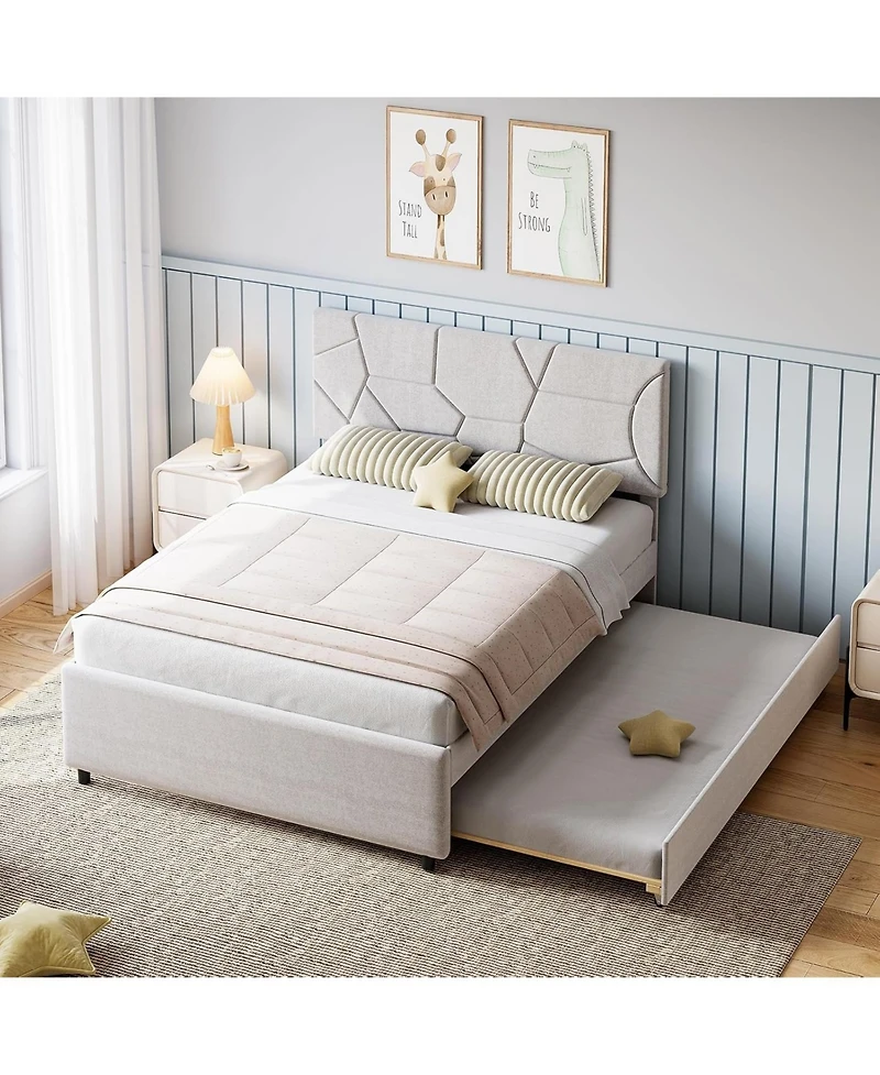 gaomon full upholstered trundle bed with pull-out platform and wood slats for space-saving use