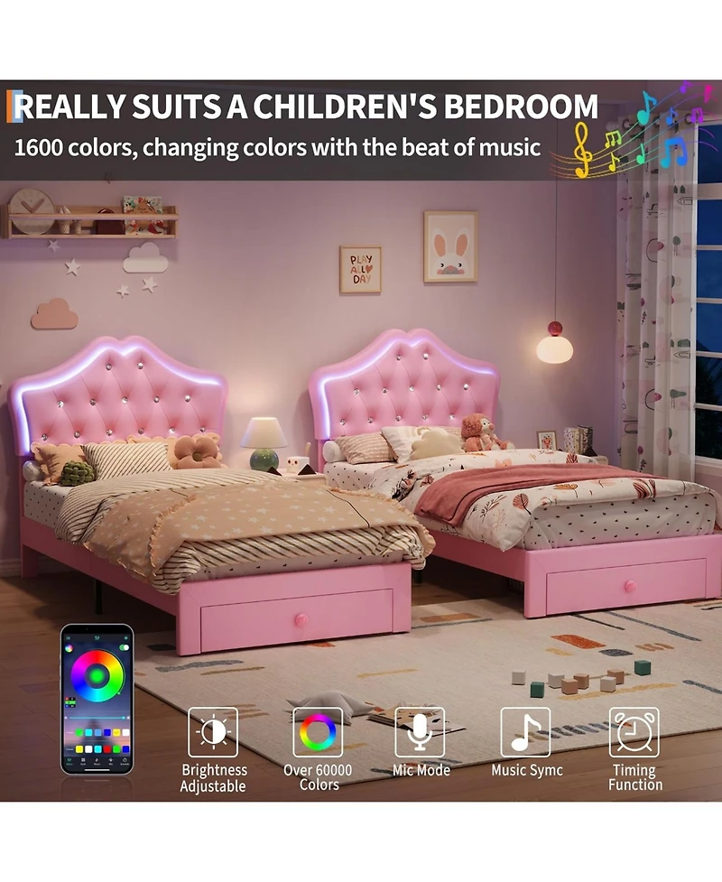 gaomon twin pink upholstered bed with Led lights, drawer, crystal headboard