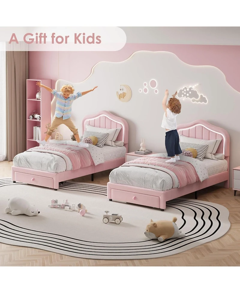 gaomon Twin Led Upholstered Bed Frame with Storage Drawer, Velvet Princess Platform for Kids