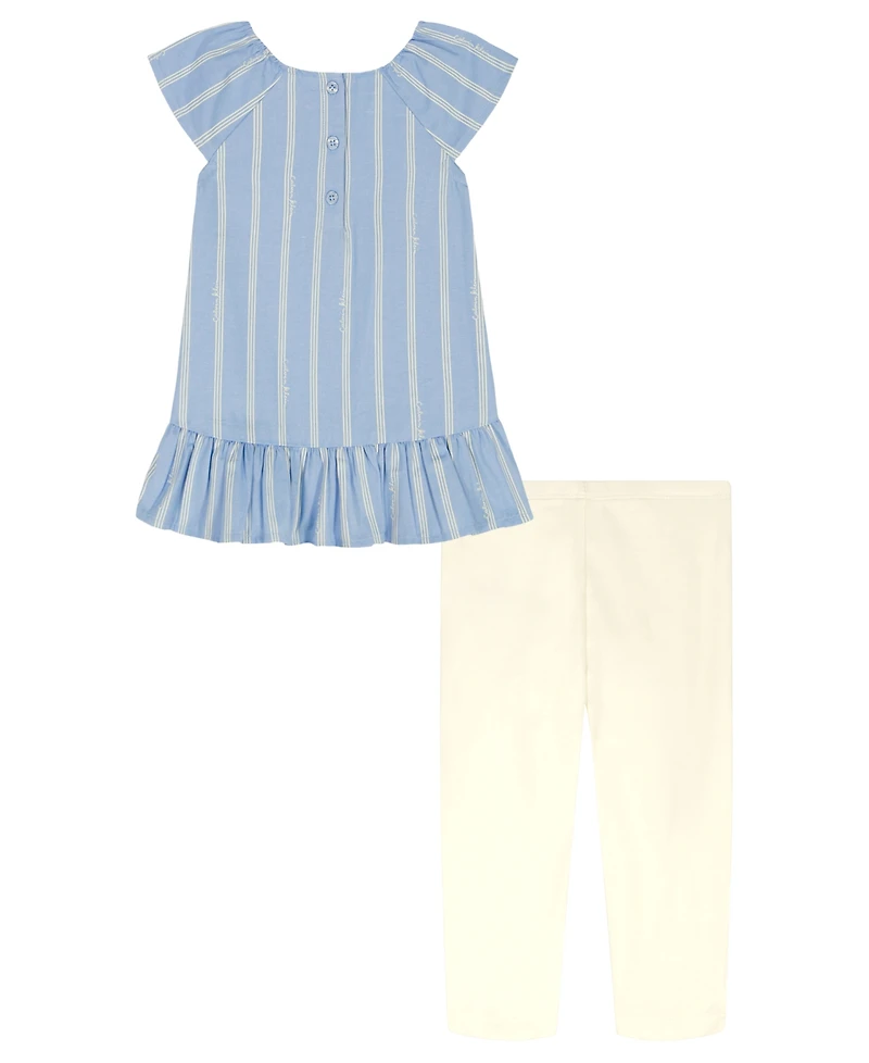 Calvin Klein Girls' Toddler 2T-4T Striped Denim Tunic and Capri Leggings, 2-Piece Set