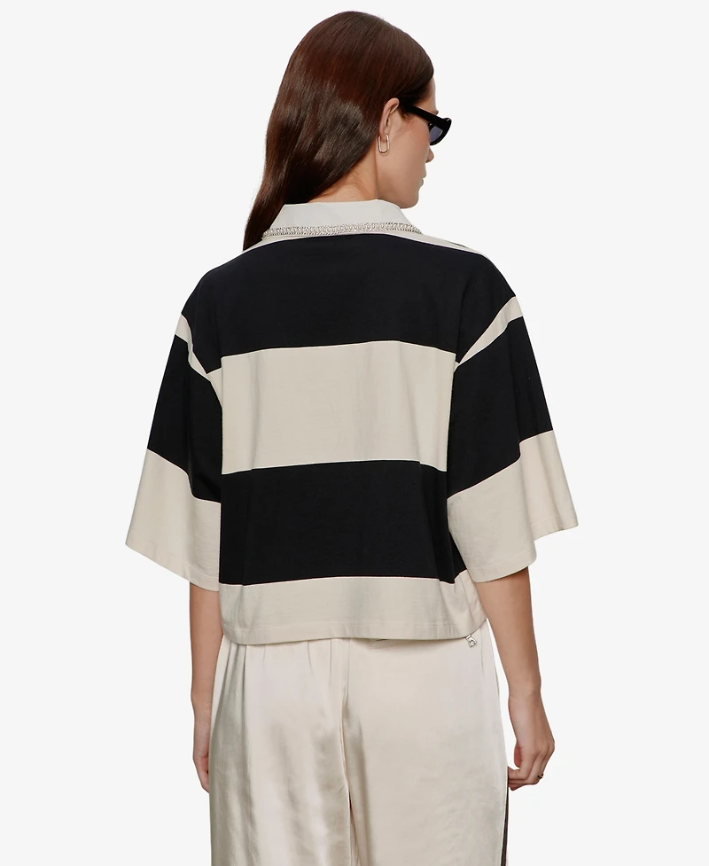 Sanctuary Women's Semi Crop Embellished Collared Polo Top