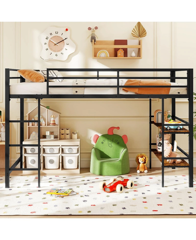 Slickblue Twin Low Loft Bed with Ladder and Shelf Storage for Kids