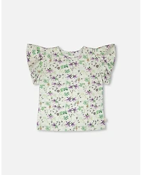 Deux par Girl Jersey T-Shirt Green Printed Flowers