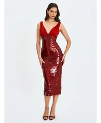 Miss Circle Women's Shanelle Crimson Sequin Plunging Midi Dress