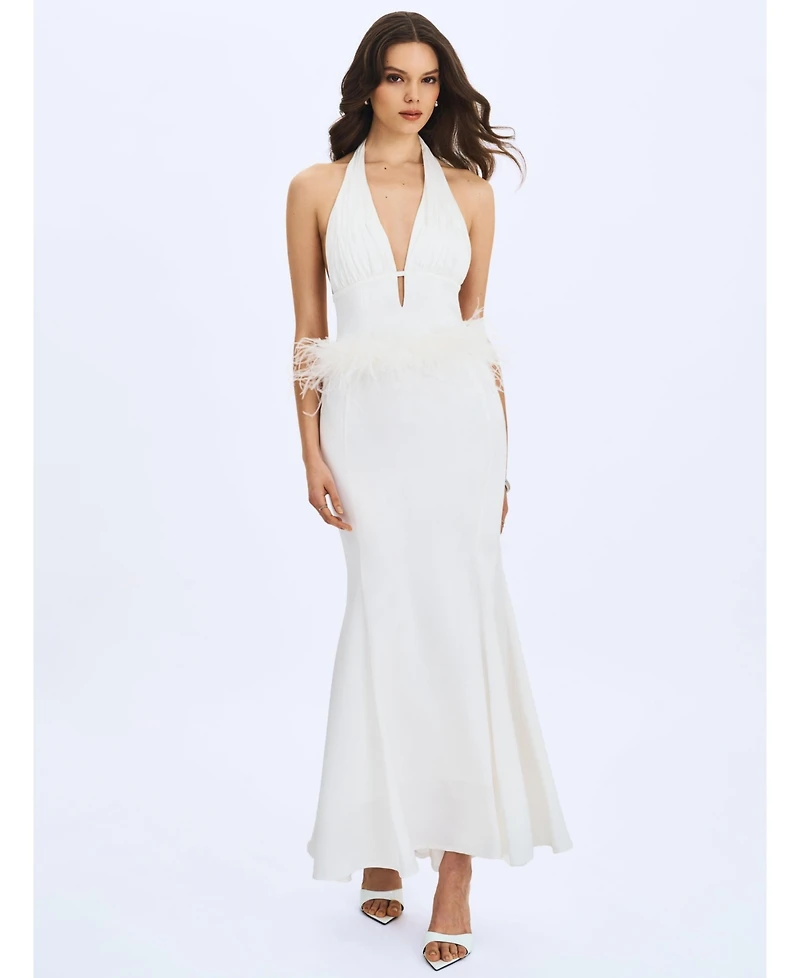 Miss Circle Women Solene Pleated Halter Backless Feather-Trim Maxi Dress