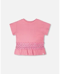 Deux par Girl Crinkle Jersey Long T-Shirt with Crochet Insert Pink - Toddler|Child