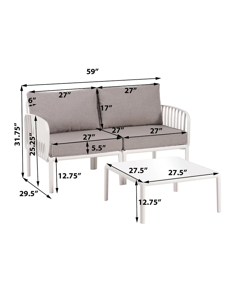 Flynama 3 Piece Modern Outdoor Patio Sectional Conversation Set with Square Coffee Table Waterproof Thick Cushions White Light Gray for Porch Balcony