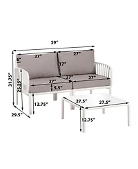 Flynama 3 Piece Modern Outdoor Patio Sectional Conversation Set with Square Coffee Table Waterproof Thick Cushions White Light Gray for Porch Balcony