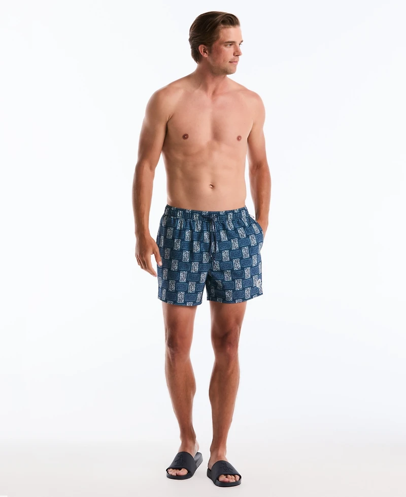 Original Penguin Men's Navy Flower Block Print 5" Swim Trunks