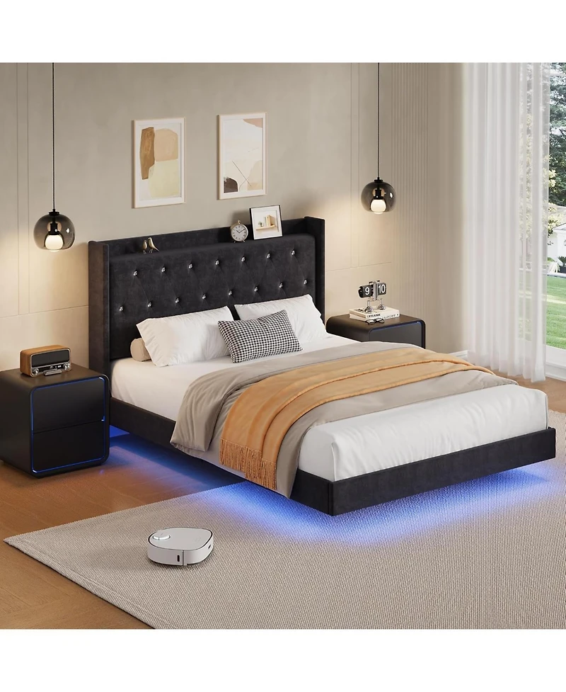 gaomon Queen Floating Bed Frame with Led Lights, Velvet Upholstered Platform, Storage Headboard