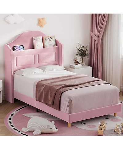 gaomon Twin Bed Frame for Kids, Velvet Platform, Wingback Headboard, Led & Storage Bookcase, Pink