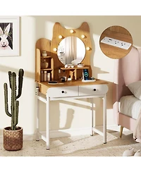 Volenca Small Kitty Vanity Desk with Lighted Mirror and Power Outlets, Makeup Table