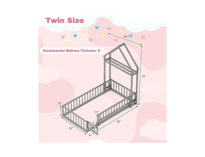 Slickblue House Style Twin Floor Bed with Decorative Headboard - 48