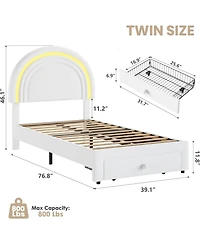 gaomon Twin Led Bed Frame with Storage Drawer, Rainbow Headboard, Fleece Princess Platform for Kids, Wood Slats