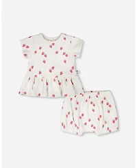 Deux par Baby Girls Cotton Rib Jersey Top and Short Set White Printed Strawberries