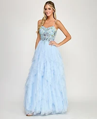 Say Yes Women's Beaded Corset Ruffle V-Neck Ball Gown