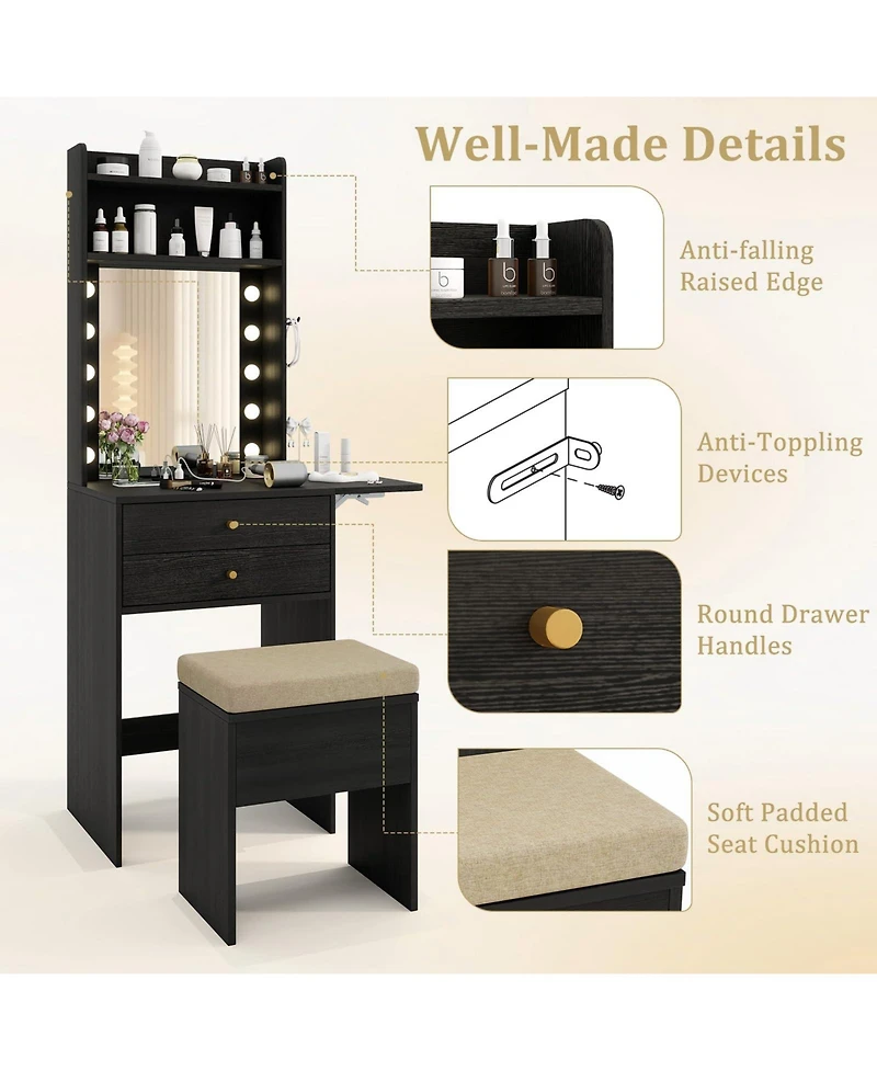 Volenca Compact Vanity Desk Set with 3-Color Lighted Mirror and Power Outlets, Makeup Table