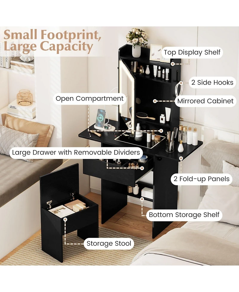 Volenca Space-Saving Vanity Desk with Lighted Mirror and Lights, Bedroom Makeup Table