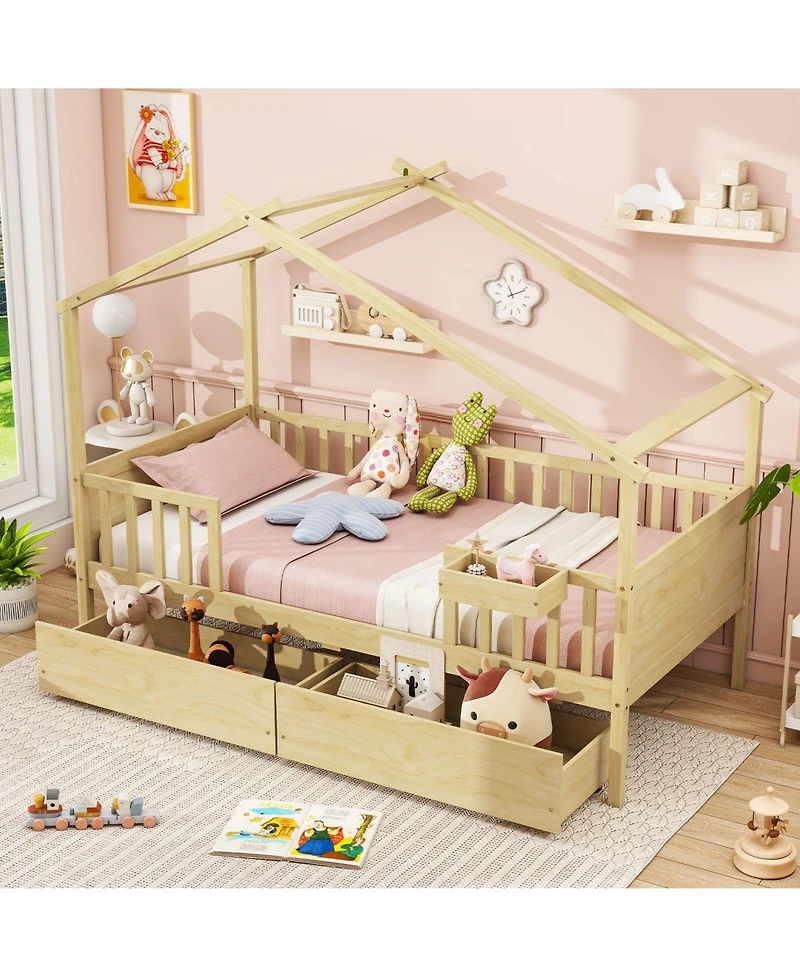 Slickblue Twin House Bed with 2 Storage Drawers and Roof & Fence Rails-White
