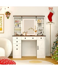 Volenca Farmhouse Vanity Desk with Barn-Style Sliding Mirror and 3 Lighting Modes