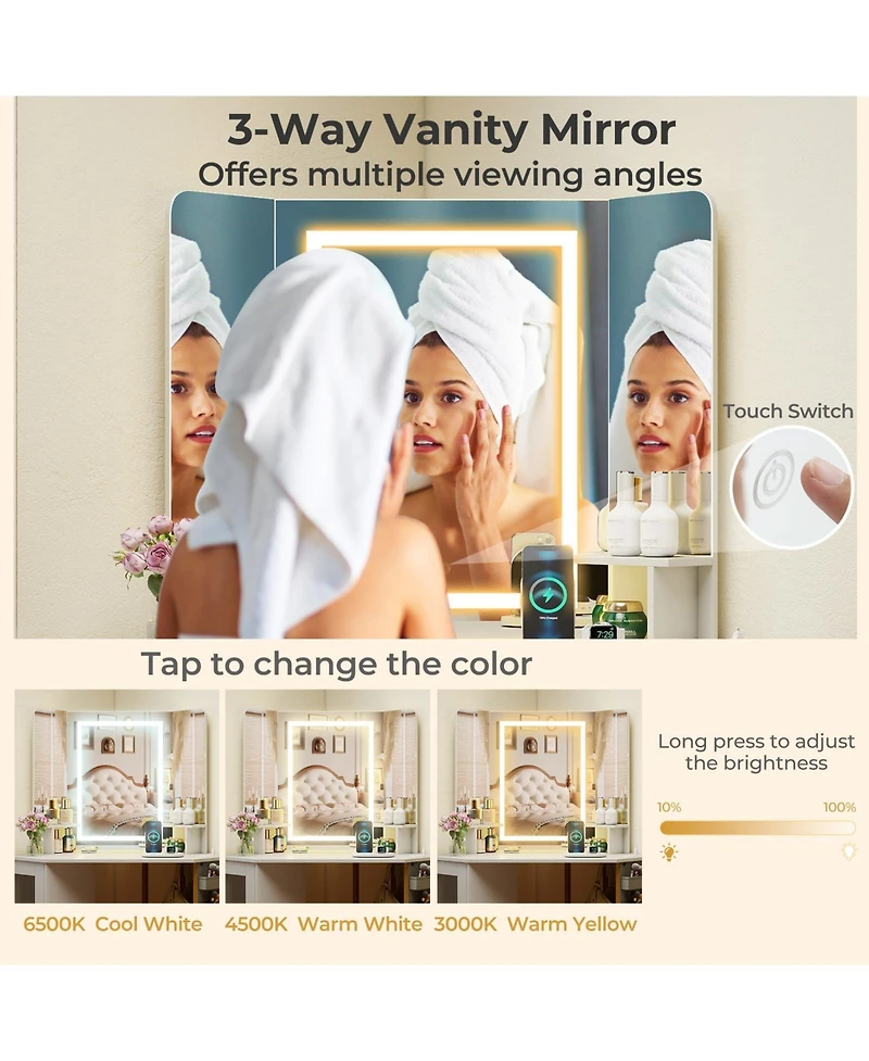 Volenca Corner Vanity Desk with Triple Mirror and Lights, Makeup Dressing Table