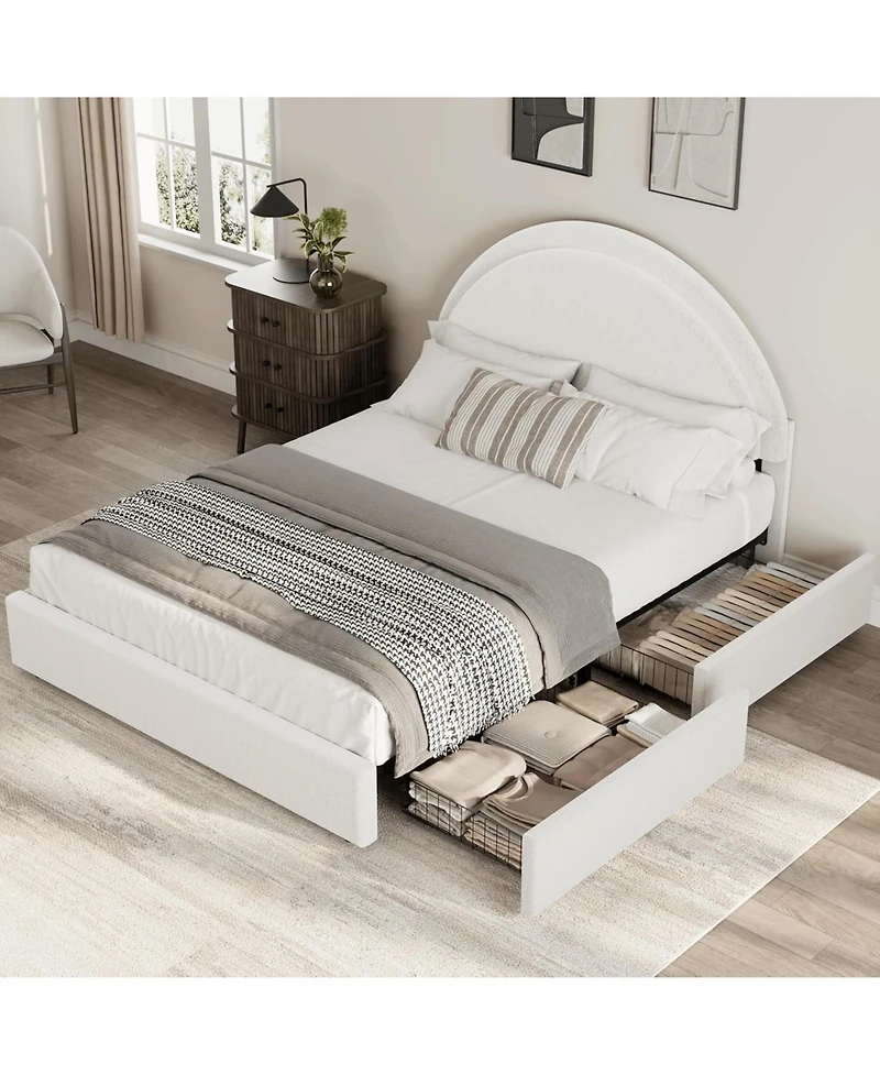 gaomon Full Bed Frame with Storage Drawers, Upholstered Boucle Platform, Round Headboard, Heavy-Duty, Noise-Free, No Box Spring, White
