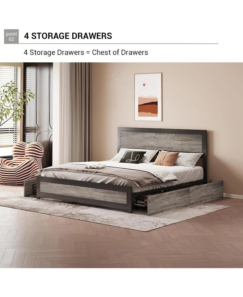gaomon King Bed Frame with Headboard, Industrial Platform, 4 Storage Drawers, Charging Station, Metal Slats, Washed Gray