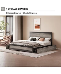 gaomon King Bed Frame with Headboard, Industrial Platform, 4 Storage Drawers, Charging Station, Metal Slats, Washed Gray