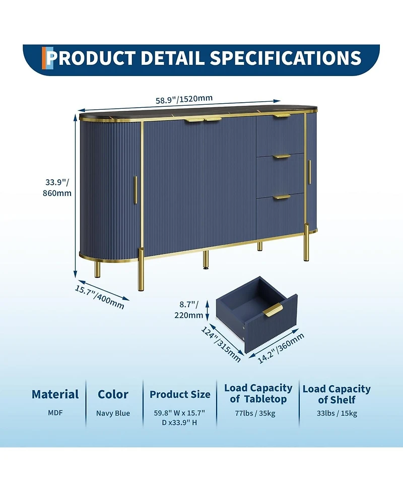 Gaomon Sideboard Buffet Storage Cabinet, 60in Large Modern Fluted Cupboard Coffee Bar Tv Console Cabinet with Adjustable Shelf for Kitchen