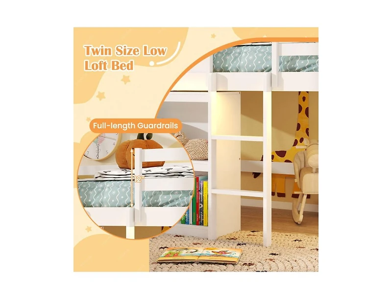 Slickblue Pine Wood / Plywood / Engineered Wood Led Lighting and Built-In Bookshelf Kids Twin Loft Bed - 44
