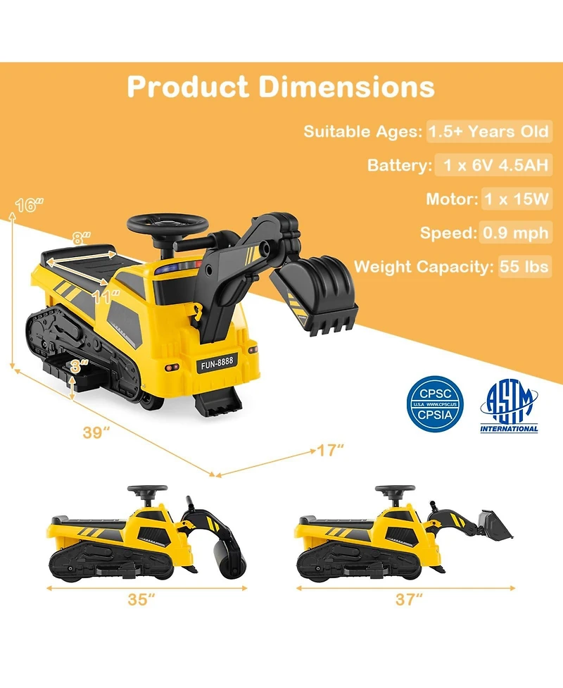 Mecale 6V Ride on Tractor 3-in-1 Electric Excavator with Adjustable Arms and Music