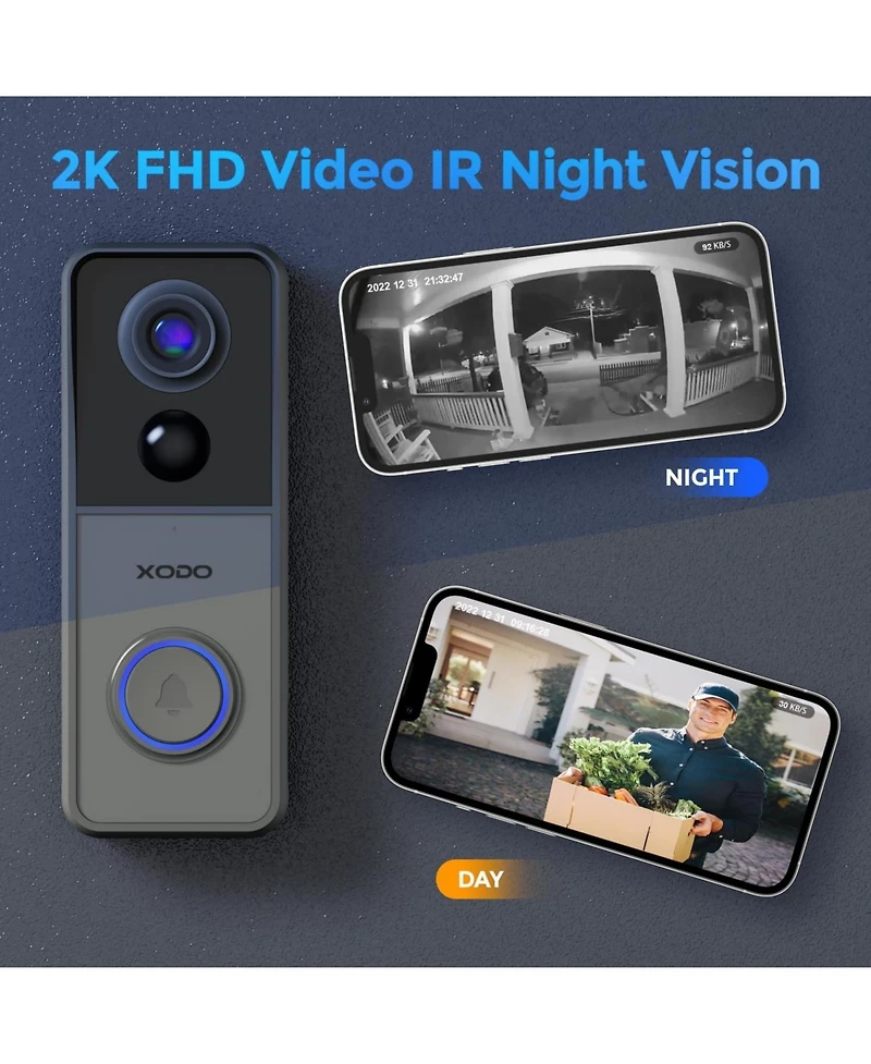 Contixo Xodo VD2 Smart Wi-Fi Wireless Video Doorbell with 2K Qhd Camera and Chime