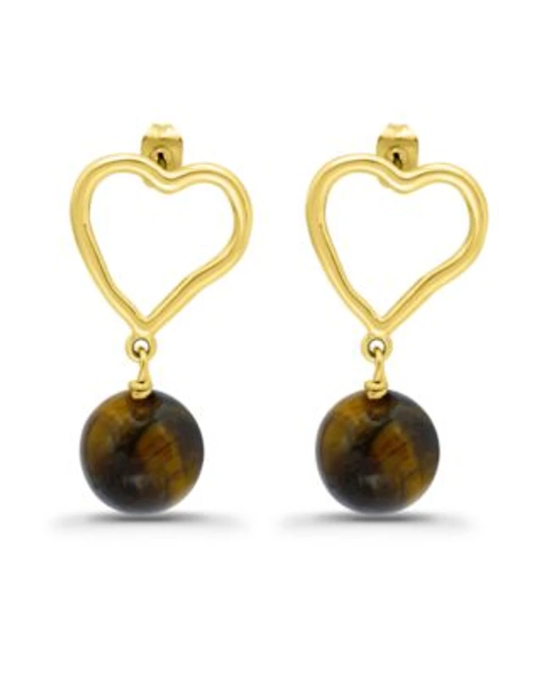 Macys Gold Plated Hardwired Round Genuine Stone Heart Post Earrings