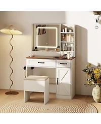 Volenca Farmhouse Vanity Desk with Lighted Mirror, Makeup Dressing Table