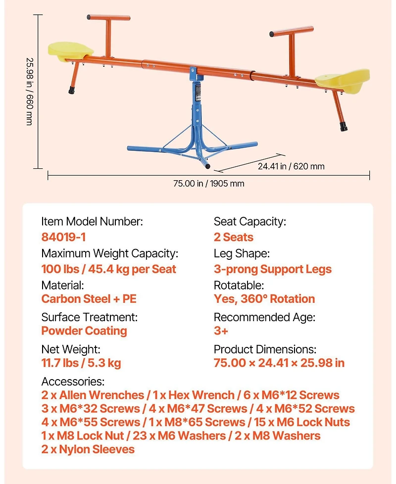 Sugift Kids Seesaw with 3-Prong Base & 360° Rotating Design