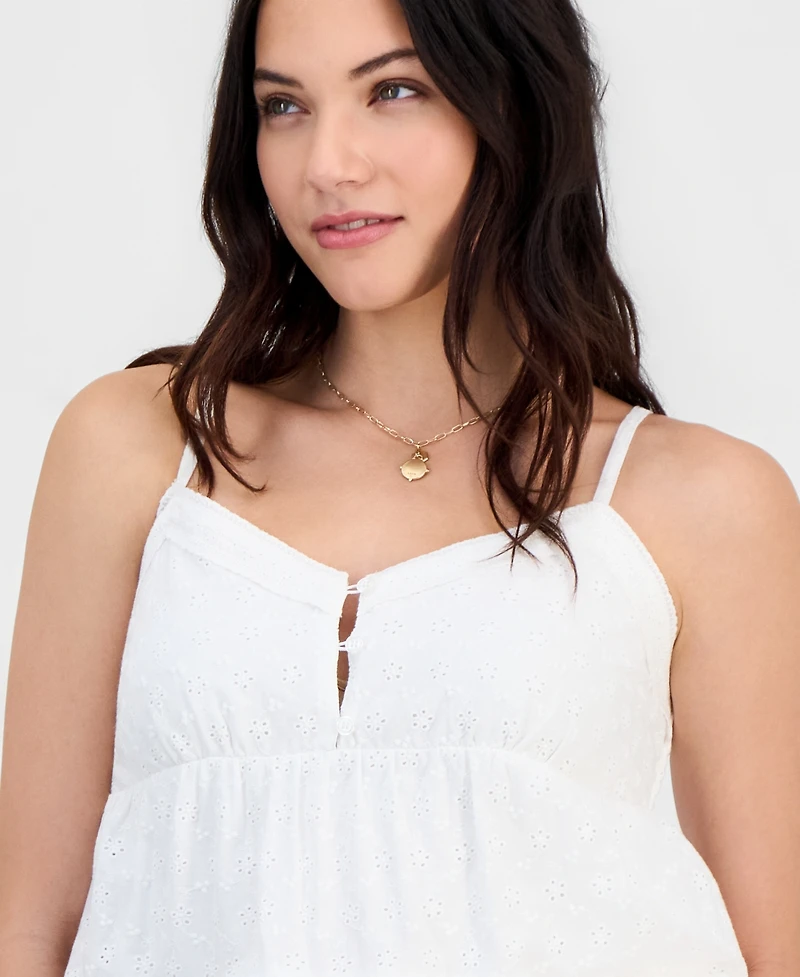 Madden Girl Juniors' V-Neck Cotton Eyelet Babydoll Tiered Top