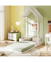 Slickblue Twin House-Shaped Bed with Roof and Semi Fence for Kids