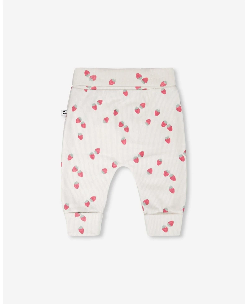 Deux par Baby Girls Cotton Jersey Evolutive Pants White Printed Strawberries
