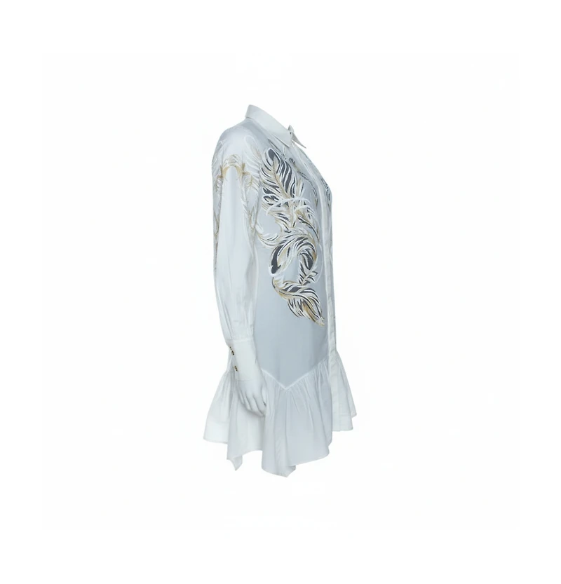 Pre-Owned Roberto Cavalli Women's White Brasso Feather Print Cotton Shirt Dress