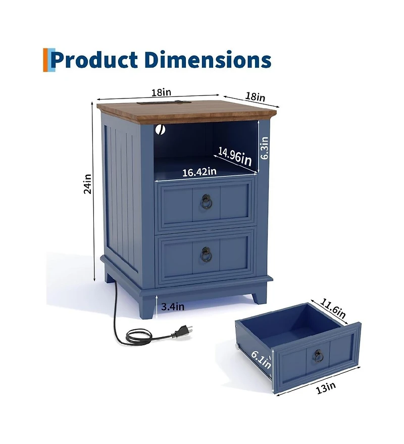 gaomon Set of 2 18 Inch Blue Fluted Wood Nightstands, Bedside End Table with Usb Charging Station